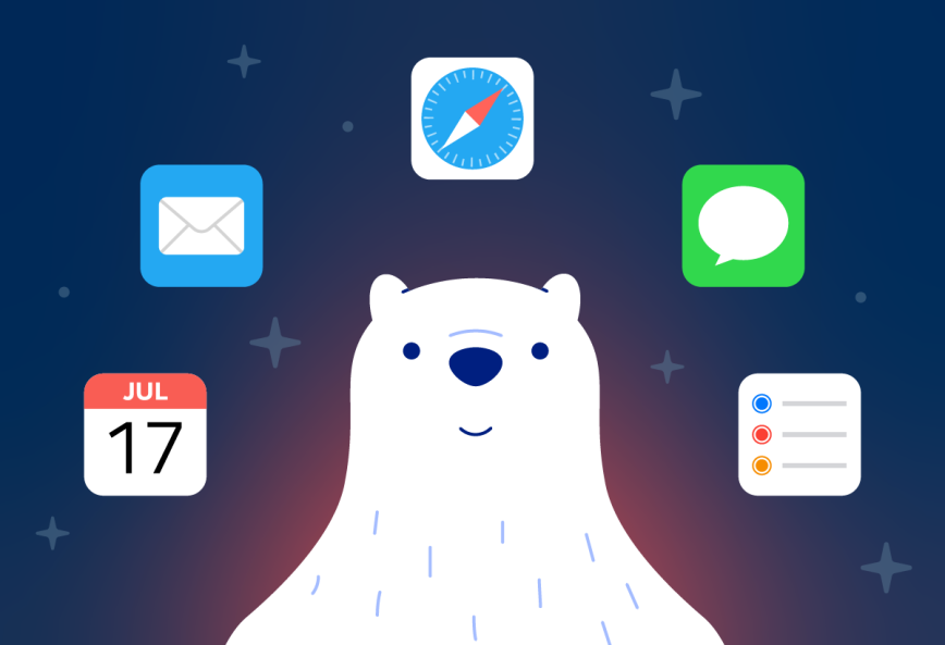 Bear app's polar bear mascot surrounded by Apple Mail, Safari, Messages, Calendar and Reminders icons