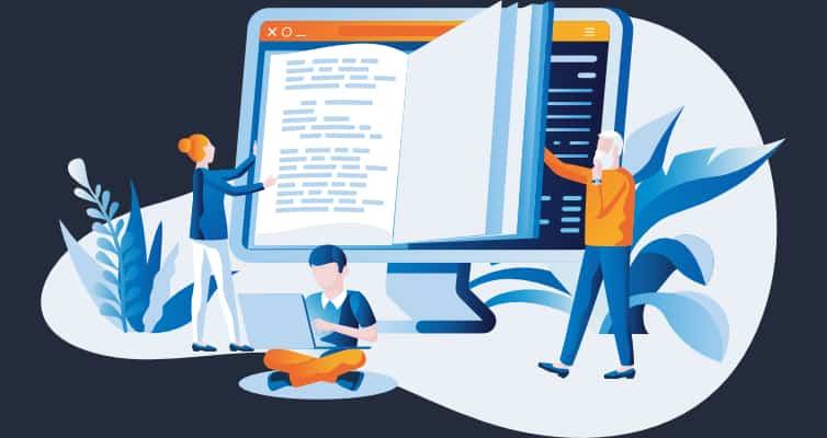 Illustration of people turning the pages of a giant book that opens out of a desktop monitor, one reading on a laptop