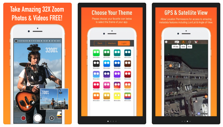 Three App Store screens of the Binoculars app: 32x zoom, color themes and satellite view