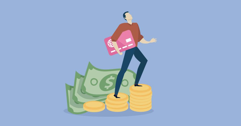 Illustration of a man carrying a giant credit card while stepping up stacks of coins and dollar bills