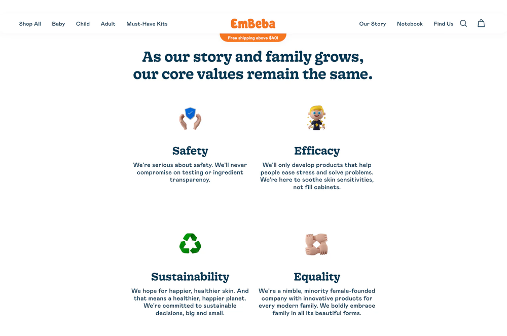 EmBeba website page listing its core values: safety, efficacy, sustainability and equality