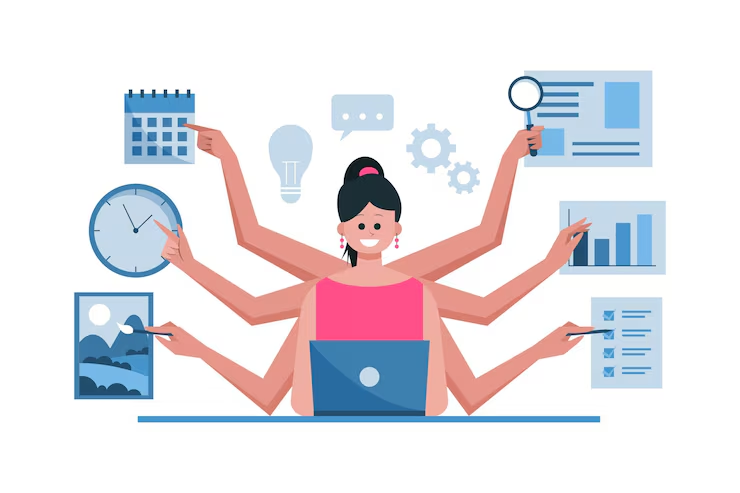 Smiling woman at a laptop with eight arms juggling a calendar, clock, charts, checklist, search and photos at once