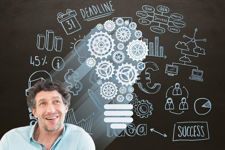 Smiling man before a chalkboard sketch of a light bulb built from gears, ringed by doodles of charts, a deadline and success