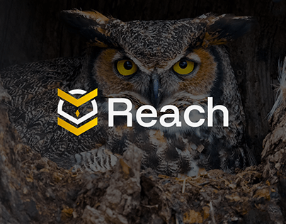 Reach logo, a yellow chevron shield, over a close-up of a horned owl with piercing yellow eyes