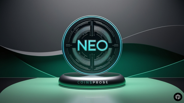 Glowing coin marked NEO on a display stand with the CoinsProbe name, against a dark green background