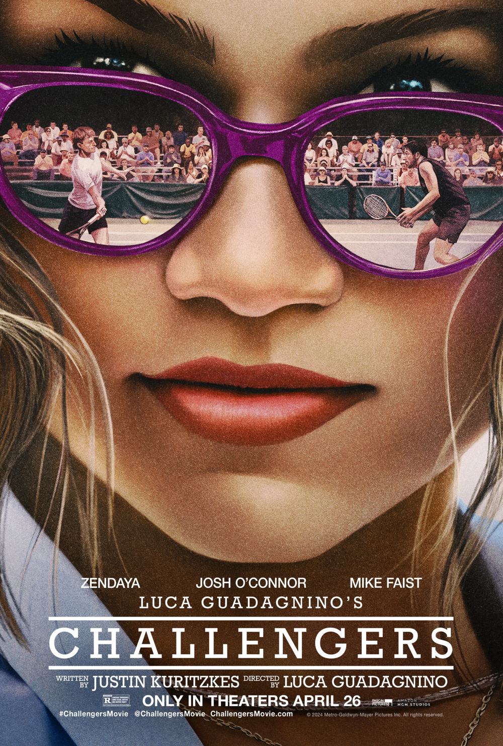 Challengers poster: a woman's purple sunglasses reflect two men playing tennis; Zendaya, Josh O'Connor, Mike Faist