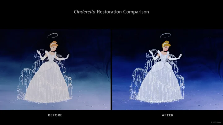 Before-and-after frames of Cinderella in her sparkling ballgown, the restored version brighter and bluer