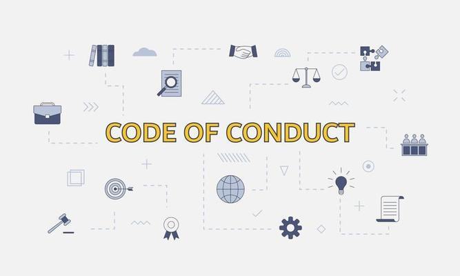 Code of Conduct in bold letters ringed by icons for law, ethics, handshakes, documents, goals and teamwork
