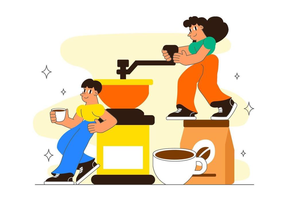 Illustration of two people making coffee with a giant grinder, beside a coffee bag and a full cup