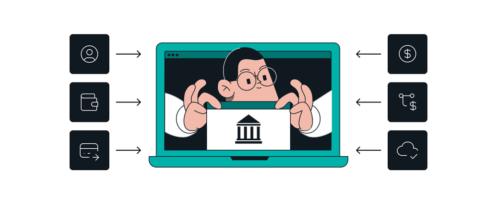 A person holds a bank sign inside a laptop, flanked by icons for account, wallet, card, money and cloud