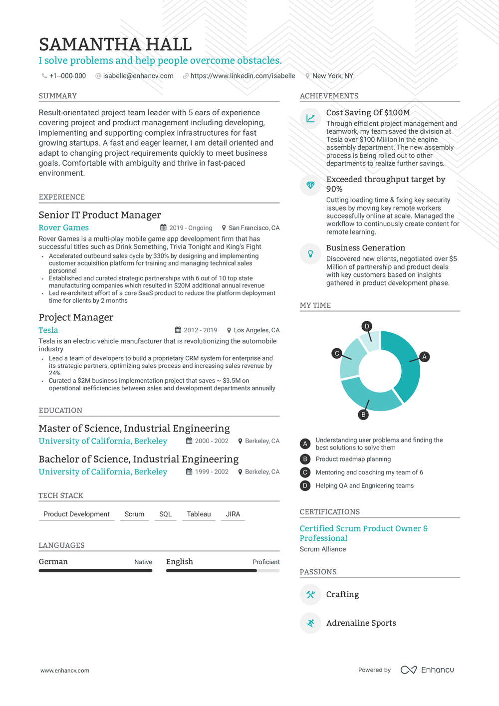 Enhancv sample resume for an IT product manager, with summary, experience, achievements and a My Time donut chart