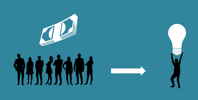 Silhouetted crowd under a stack of cash, with an arrow pointing to a person holding up a giant light bulb