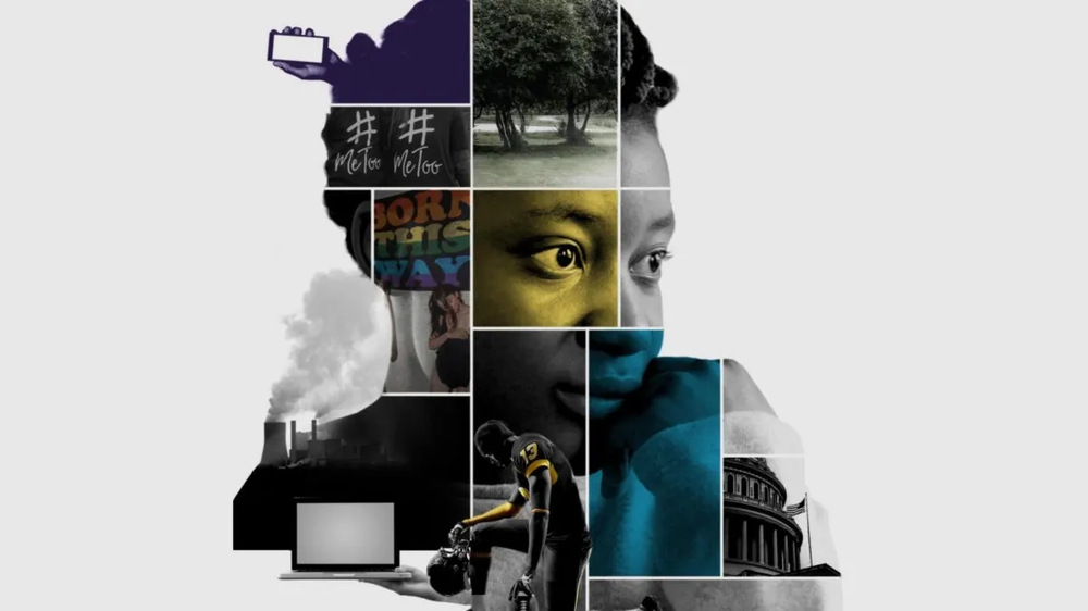 Collage of a woman's silhouette filled with images of #MeToo, Born This Way, a kneeling football player and the Capitol