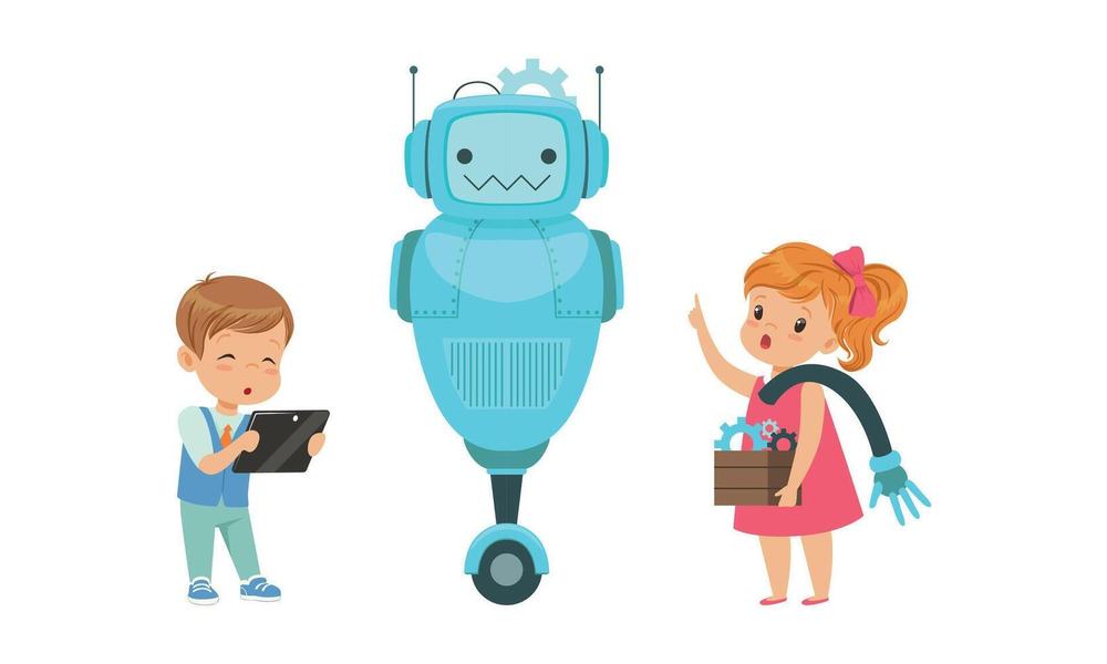 Illustration of a boy with a tablet and a girl with a box of gears beside a friendly blue robot