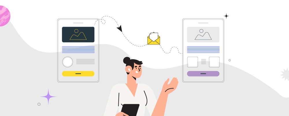 Woman with a tablet as an email layout is adapted from one phone screen to another