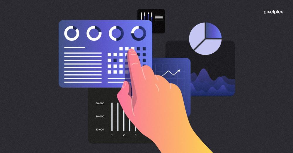 Hand tapping floating analytics dashboards with donut charts, bar charts, a pie chart and a rising trend line