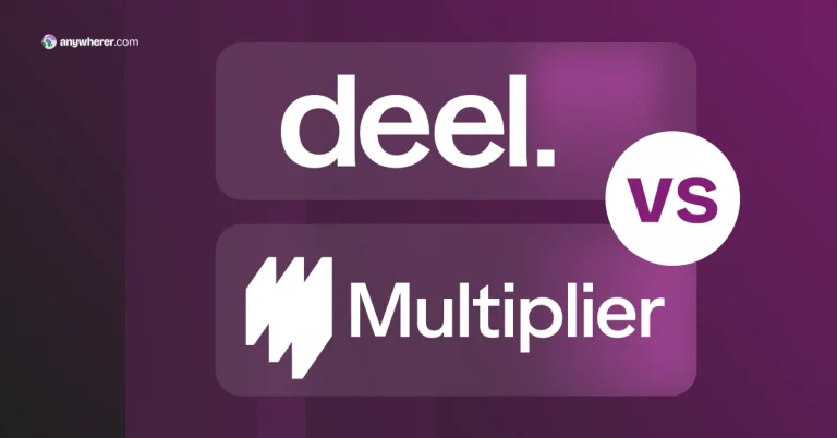 Deel and Multiplier logos stacked with vs between them, comparing the two global hiring platforms