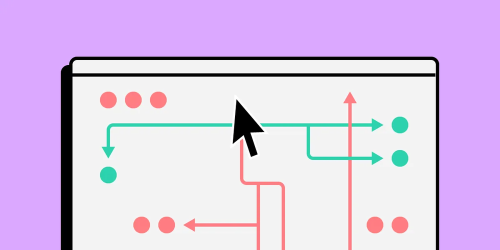 Browser window with a cursor and arrows branching to different points, like paths through a site's navigation