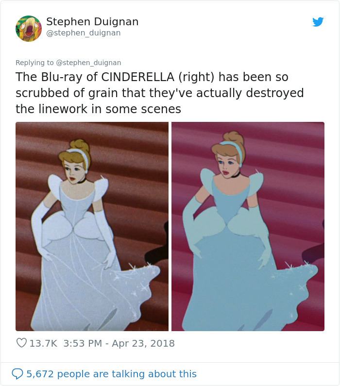 Tweet with side-by-side Cinderella frames: the Blu-ray (right) is so scrubbed of grain that its linework is lost