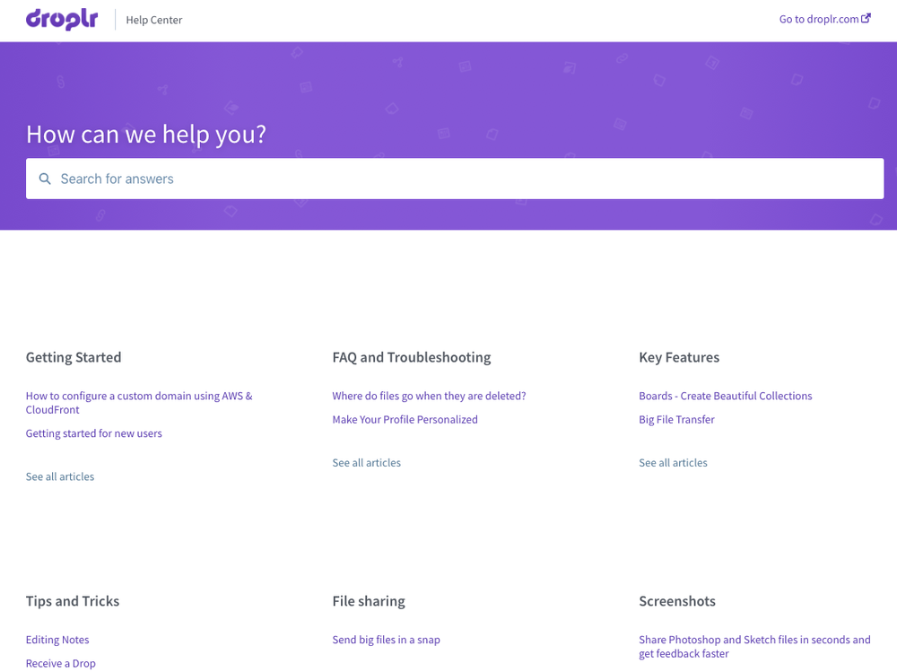 The Droplr help center home page, with a search box and article categories