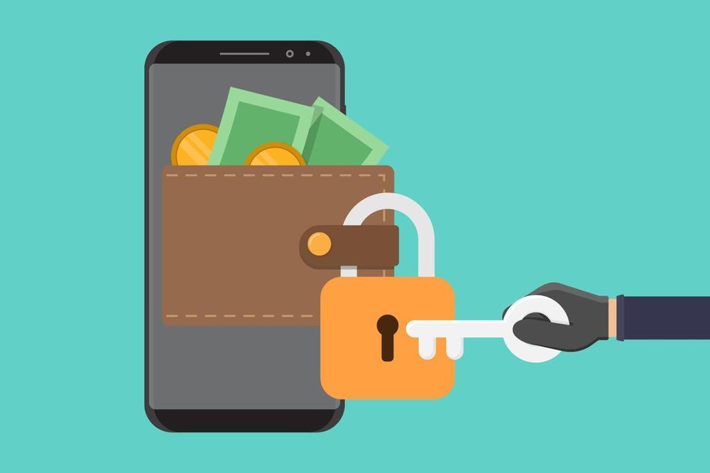 Gloved hand turns a key in a padlock fastened to a wallet of cash and coins on a smartphone screen