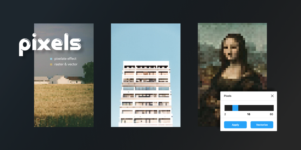 Pixels plugin turning a field, a building and the Mona Lisa into pixel art, with a pixel size slider