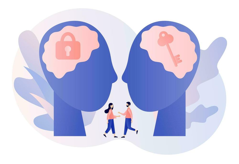 Two heads facing each other, one holding a padlock and one a key, as a man and woman shake hands between them