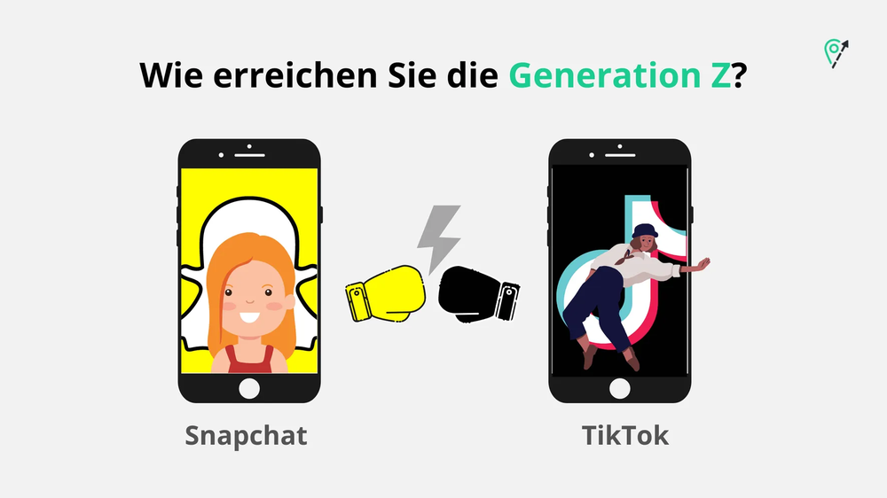 Snapchat and TikTok phones facing off with boxing gloves under a German heading asking how to reach Generation Z