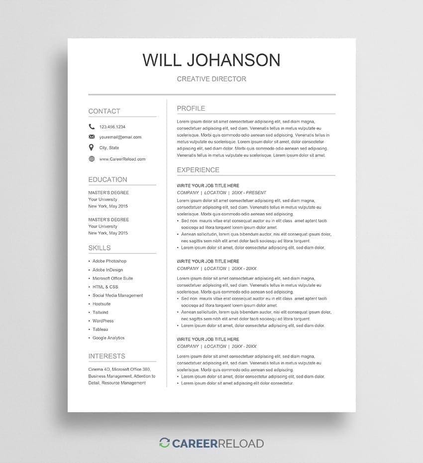Career Reload resume template for a creative director, with contact, education and skills in a sidebar