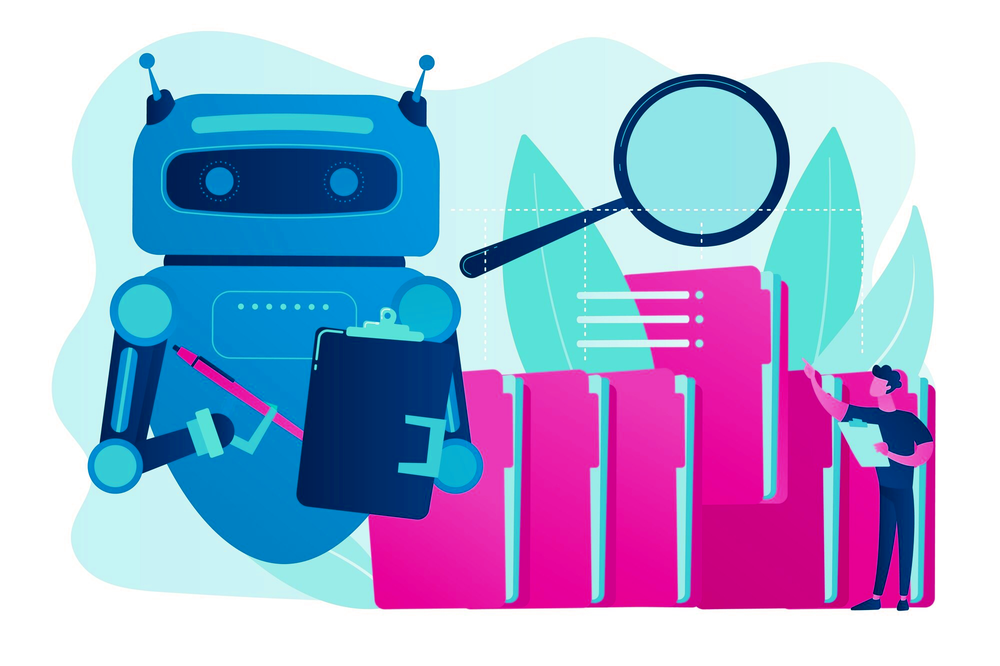 A robot with a clipboard and a man with a magnifying glass sorting tall files