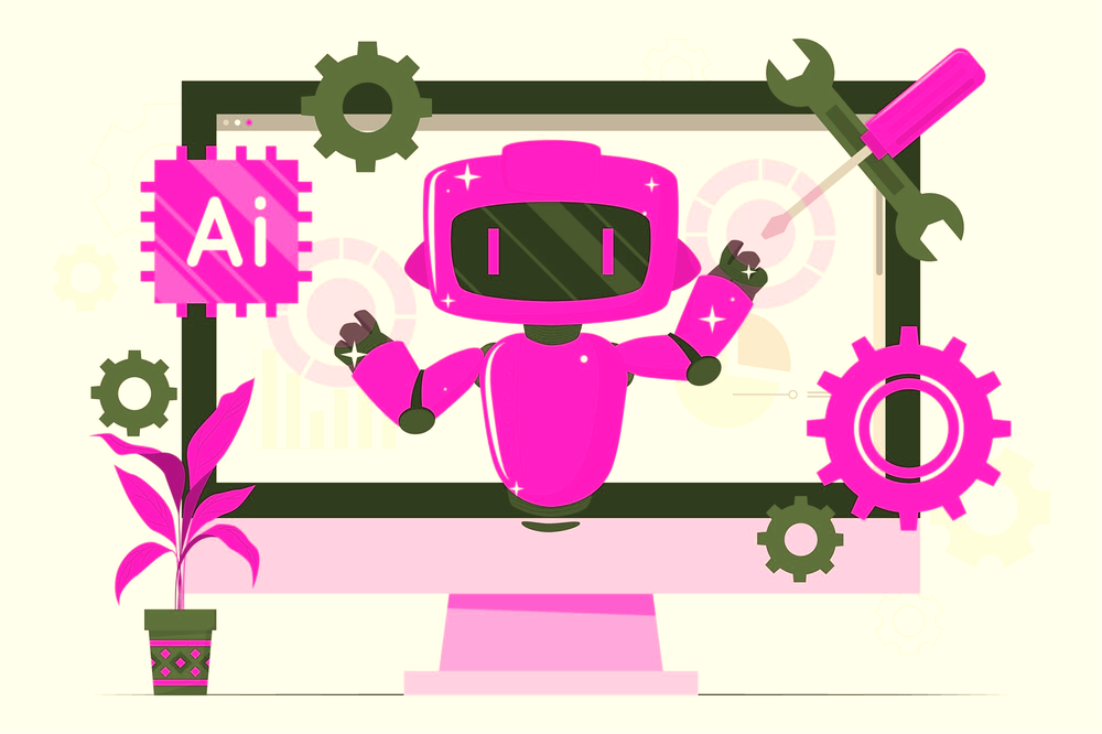 A pink robot reaching out of a computer monitor among gears, a wrench and an AI chip