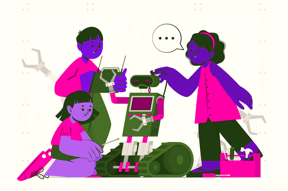 Three people building a small tracked robot together with tools