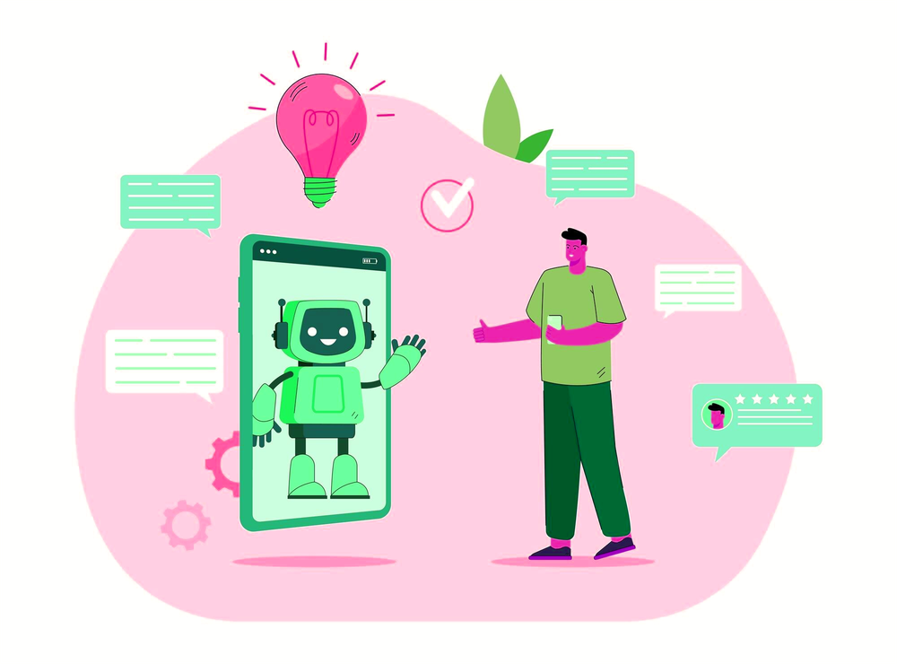 A man chatting with a friendly robot on a phone screen, among message bubbles