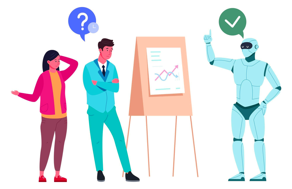 A robot with a check mark answering two puzzled people at a chart on an easel