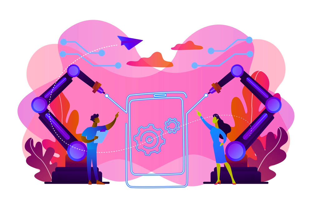 Two robotic arms assembling a phone app as two people direct them