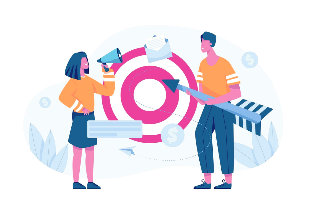 Two people aiming an arrow at a target, with a megaphone, an email and coins