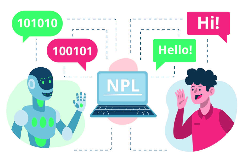 A robot and a man exchanging binary code and greetings through a laptop