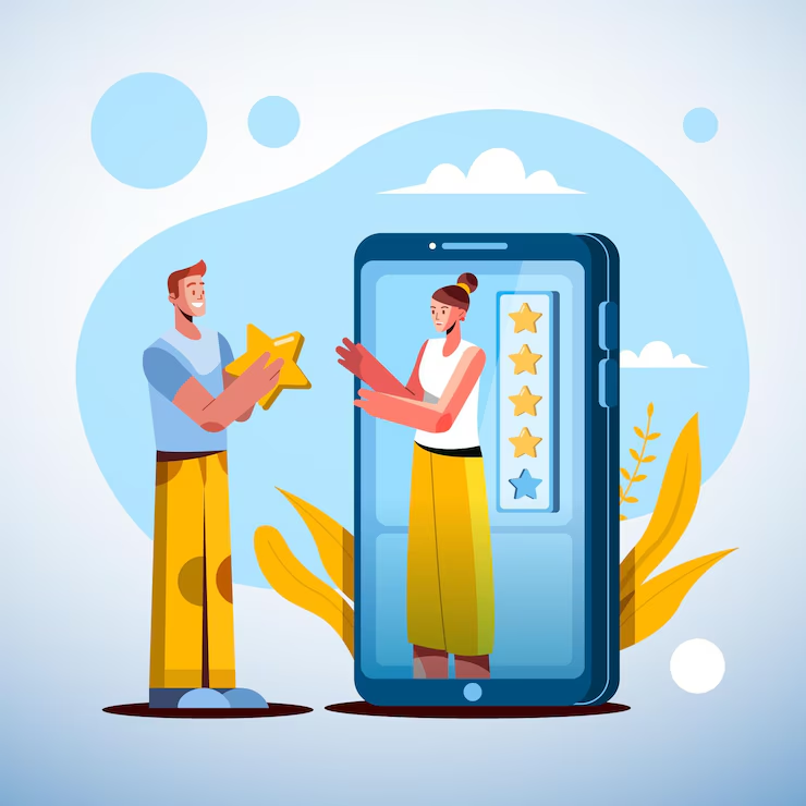 Man holding a gold star beside a giant phone where a woman stands next to a five-star rating