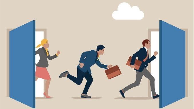Illustration of three office workers with briefcases running out of one door and through another