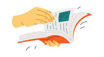 Illustrated hand flipping through the pages of an open book