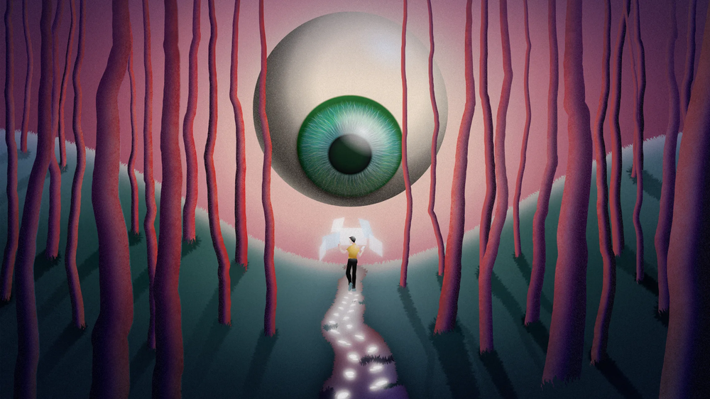 Illustration of a person on a lit forest path while a giant eye watches from above the trees