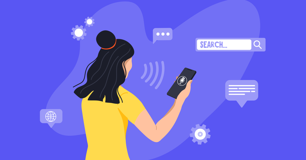 Woman speaking a voice search into her phone, surrounded by a search bar, chat bubbles and gear icons