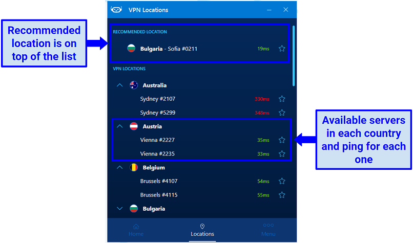 HotBot VPN app listing server locations by country, with a recommended server in Sofia, Bulgaria and ping times