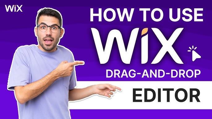 Video thumbnail titled How to Use the Wix Drag-and-Drop Editor, with a man pointing at the Wix logo