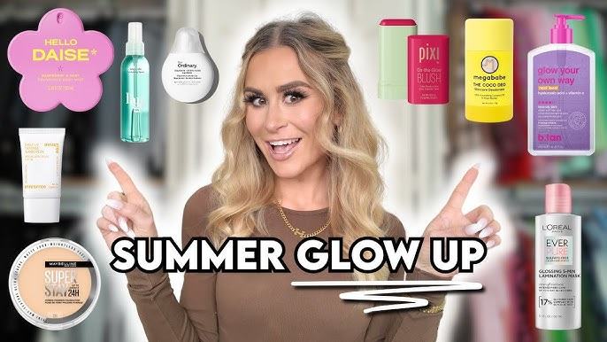 Beauty creator pointing at skincare and makeup products under the words Summer Glow Up