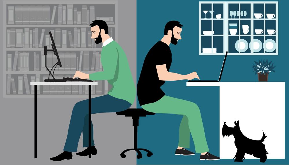 Split scene of the same man working at a desktop in an office and on a laptop at home with his dog
