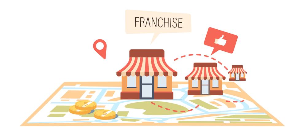 Illustration of three franchise storefronts linked by a dotted path across a city map, with gold coins