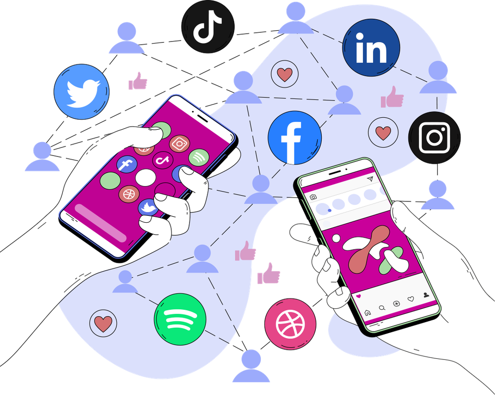 Two hands holding phones inside a network of social media icons and users