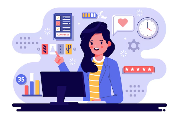 Illustration of a woman at a computer, surrounded by a checklist, clock, battery, charts and a five-star rating