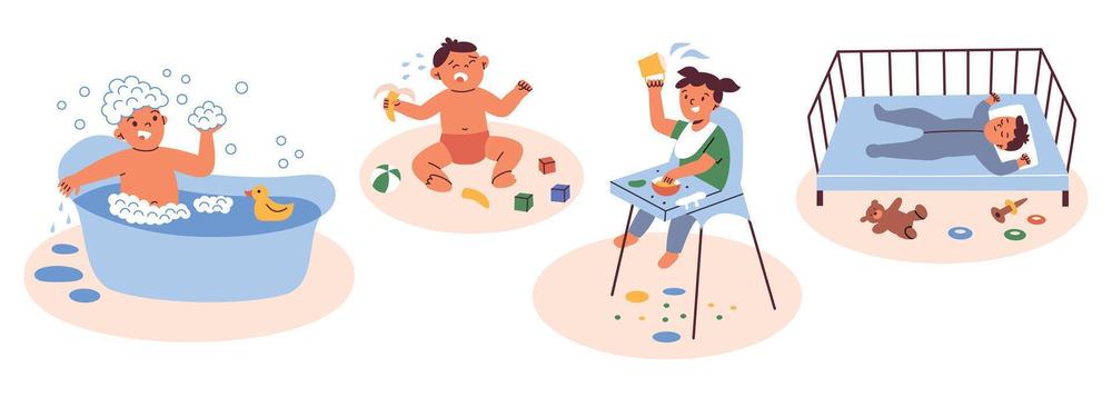 Illustrations of a toddler's day: bathing, crying on the floor, eating in a high chair and sleeping in a crib